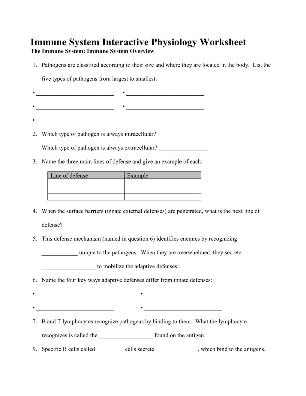 Immune System Interactive Physiology Worksheets