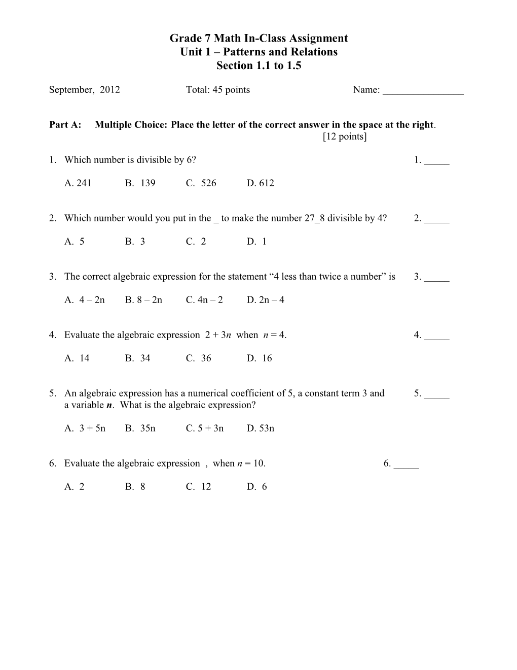 Grade 7 Math Assignment