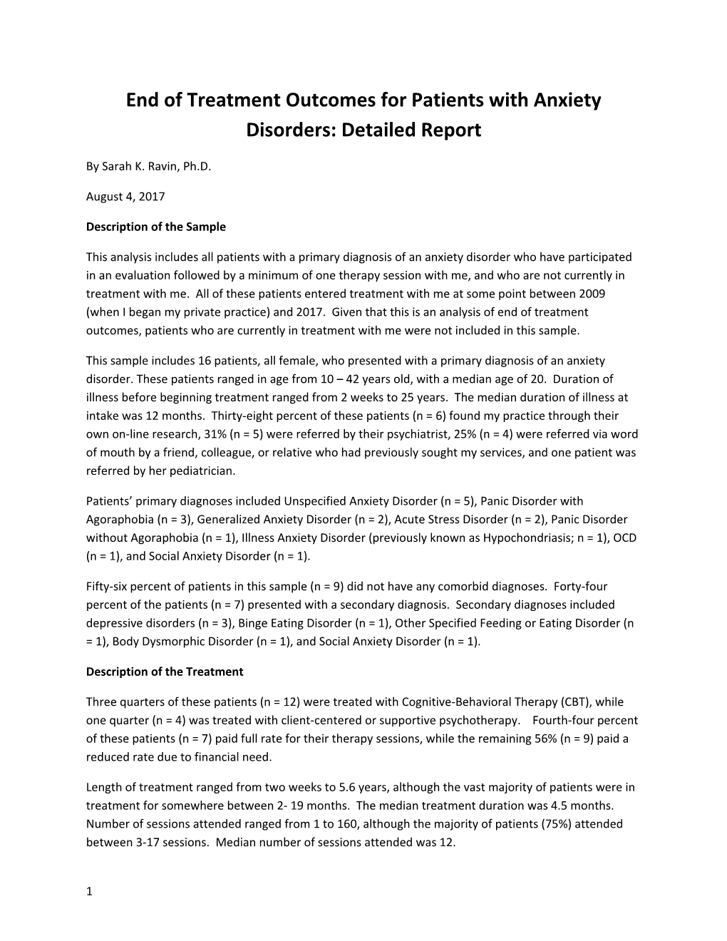 End of Treatment Outcomes for Patients with Anxiety Disorders: Detailed Report