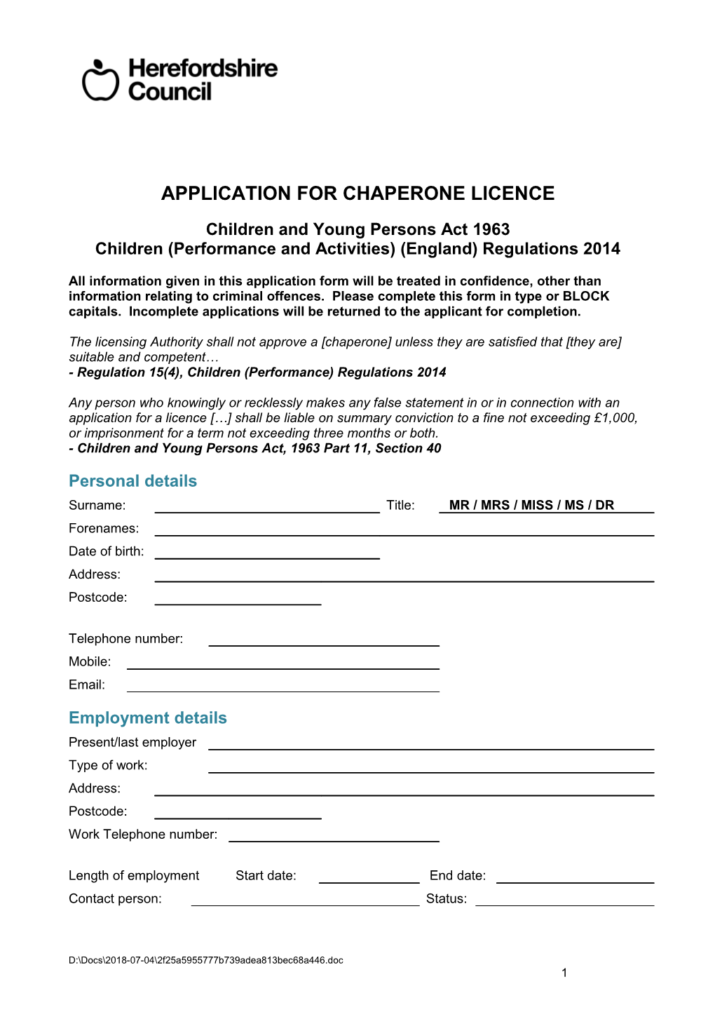 Application for a Chaperone Licence