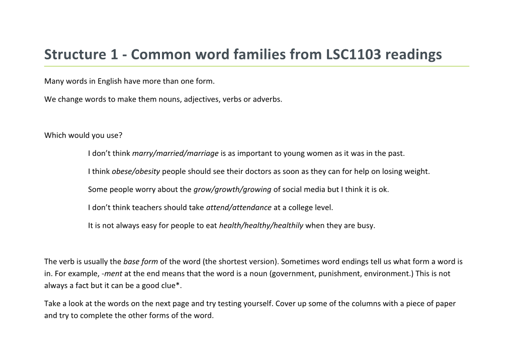 Structure 1 - Common Word Families from LSC1103 Readings