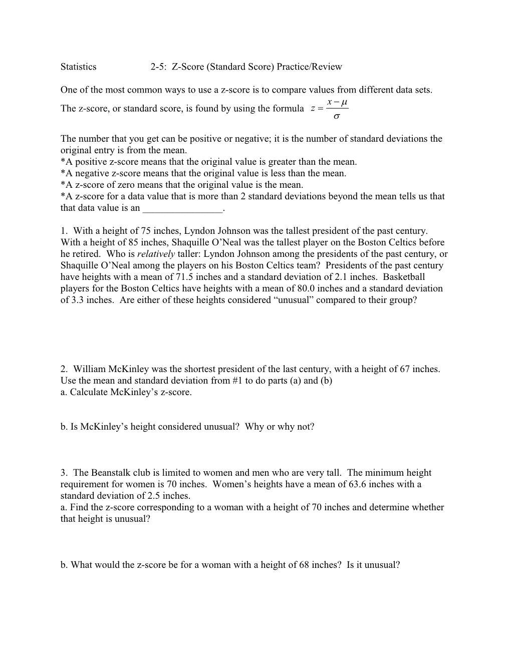 Statistics 2-5: Z-Score (Standard Score) Practice/Review