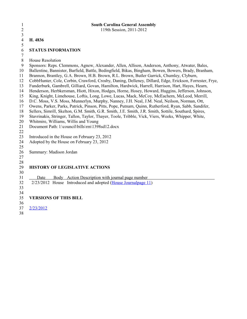 2011-2012 Bill 4836: Madison Jordan - South Carolina Legislature Online