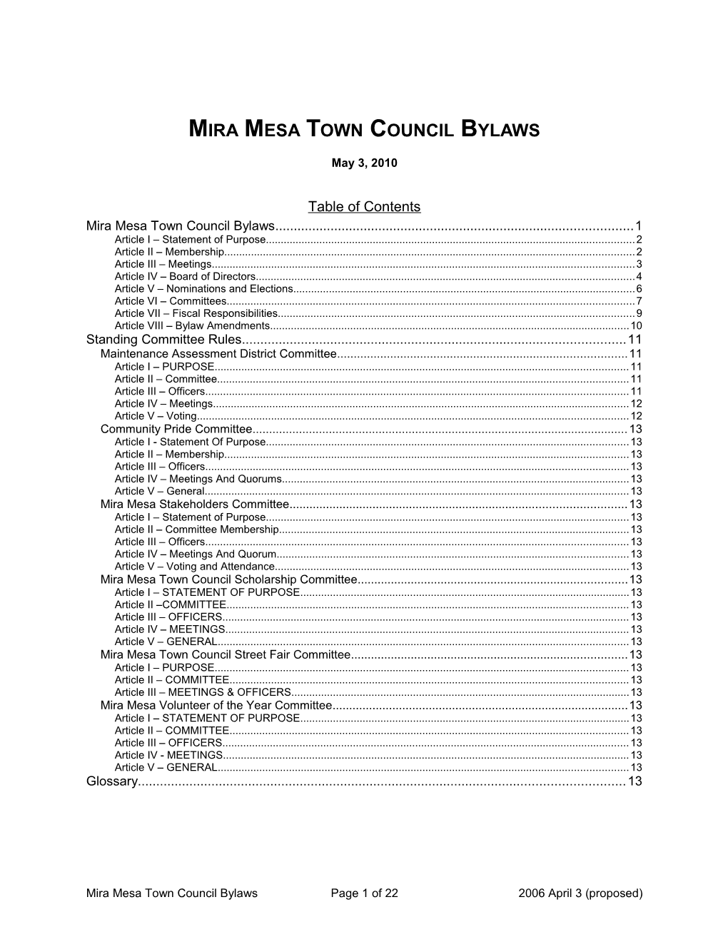 Mira Mesa Town Council Bylaws (2006 August Revision)