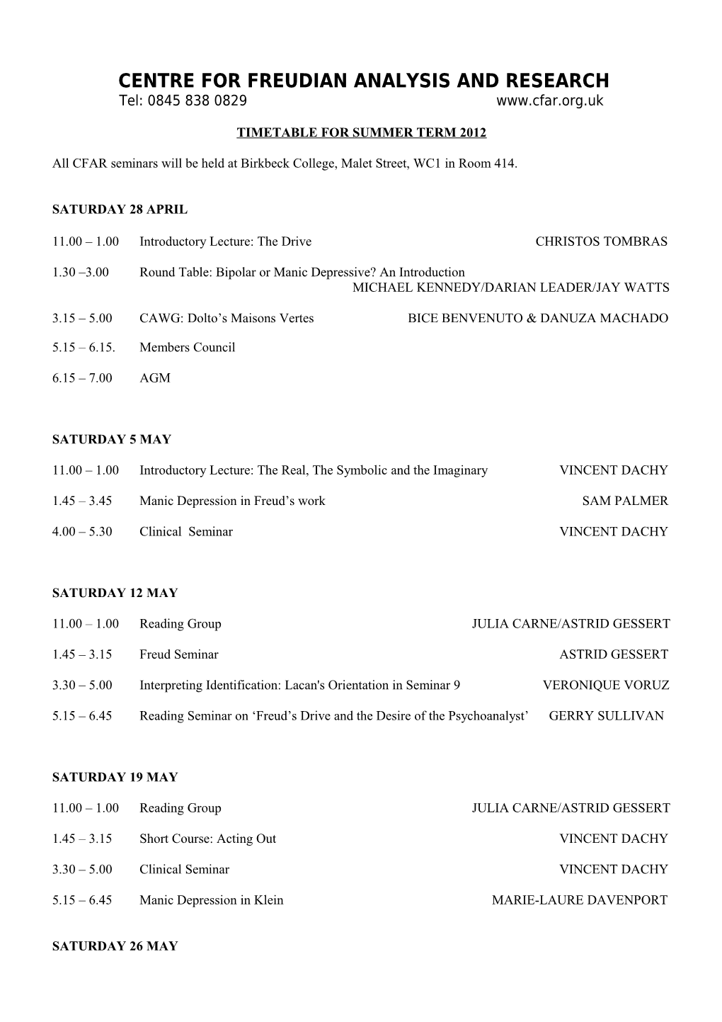 Timetable for Autumn Term 1998