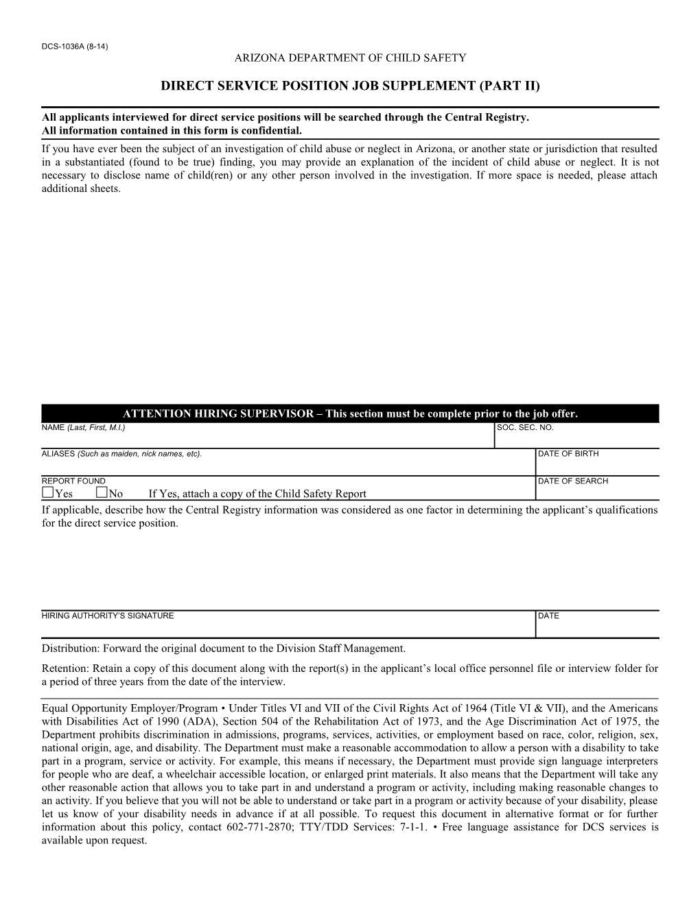 DCS-1036A - Direct Service Position Job Supplement (Part II)