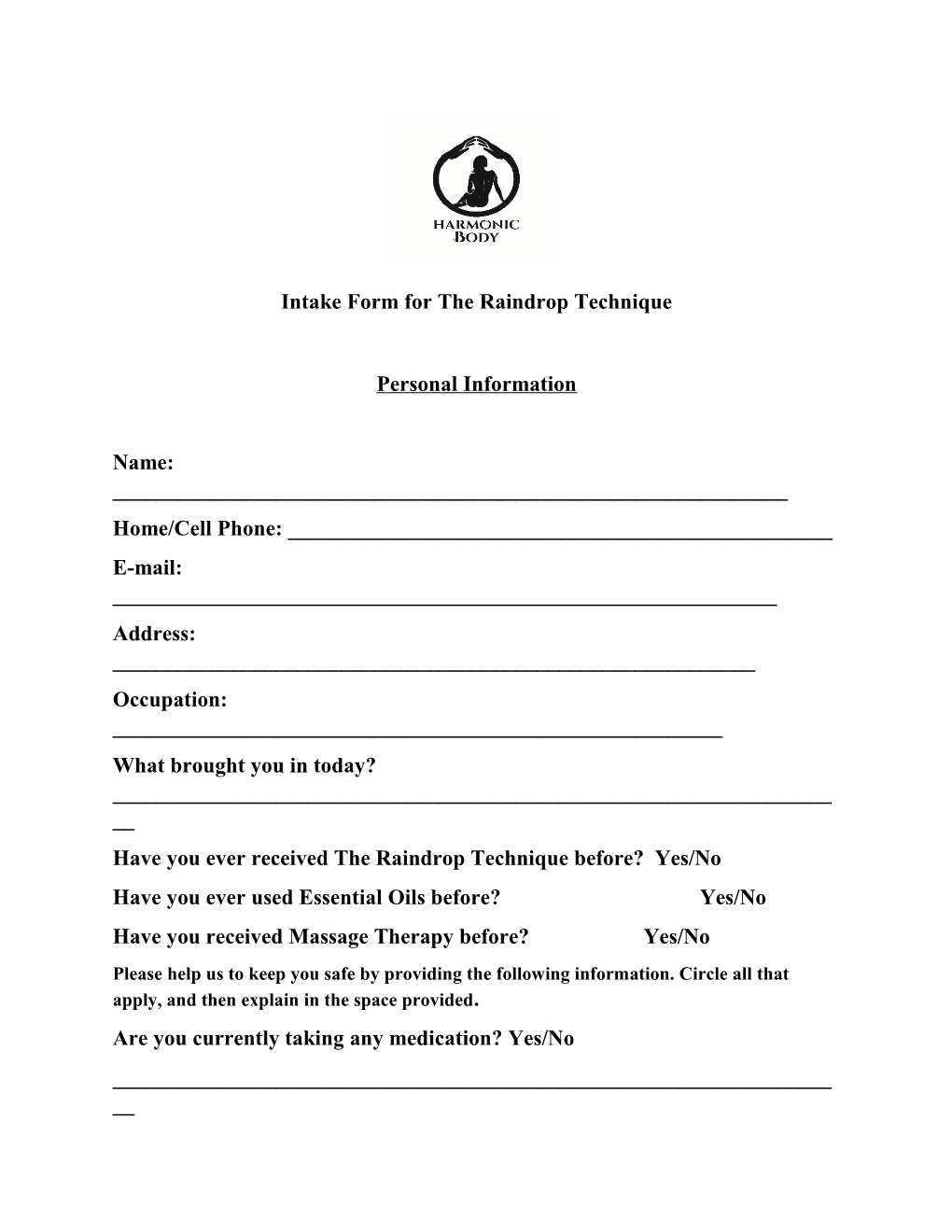 Intake Form for the Raindrop Technique