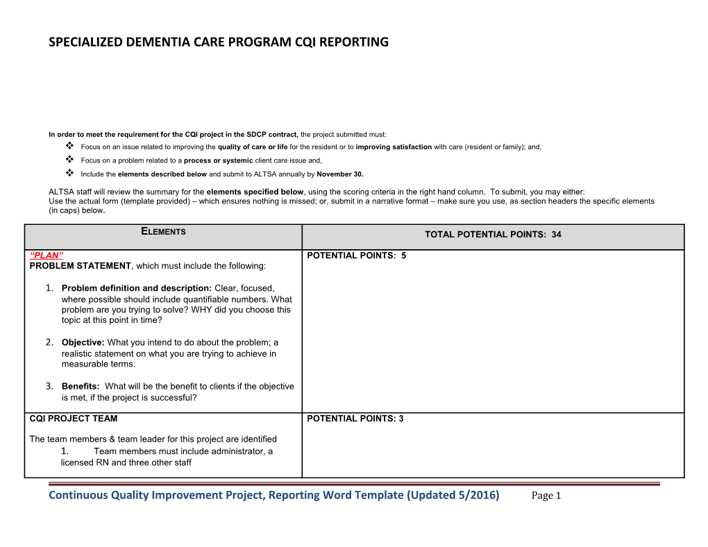 Specialized Dementia Care Program CQI Reporting