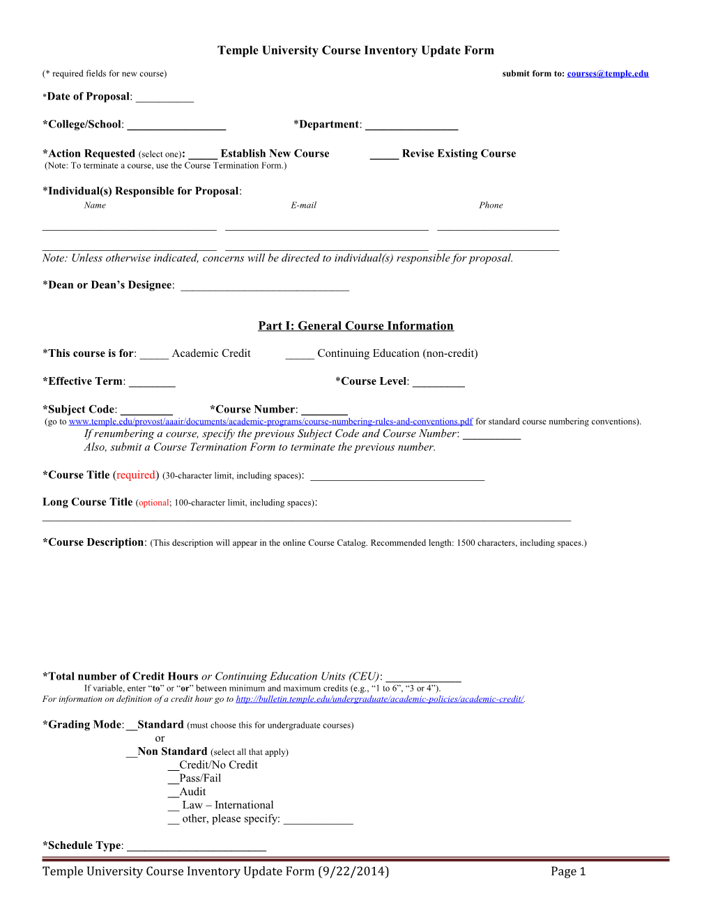 Temple Universitycourse Inventory Update Form