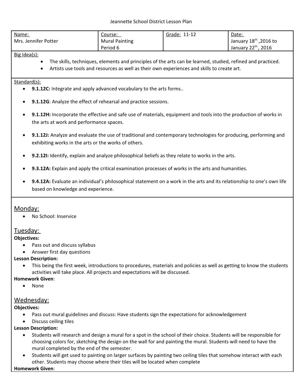 Jeannette School District Lesson Plan