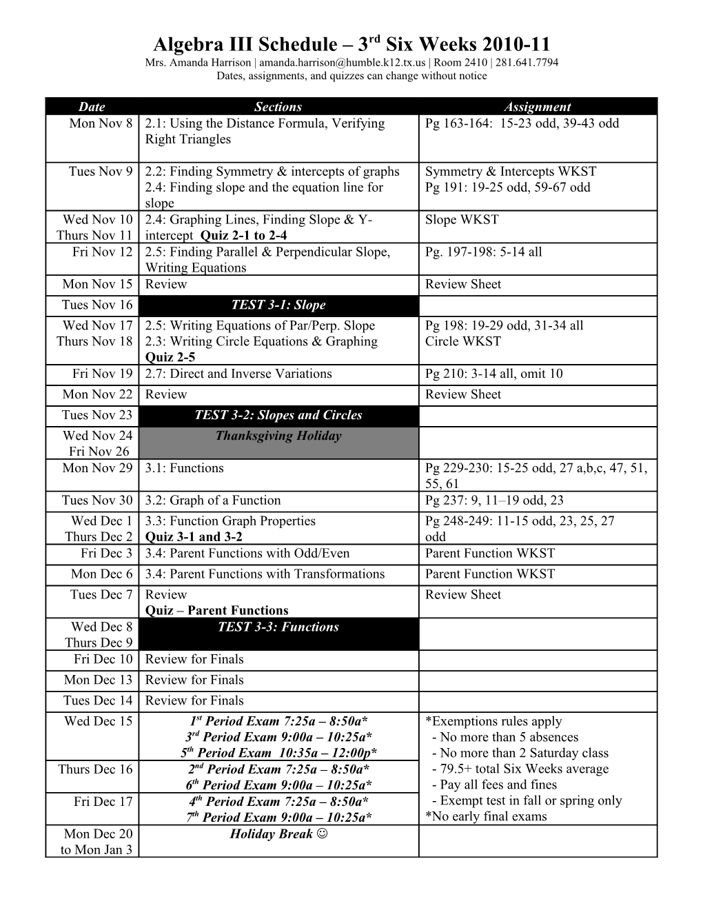 Algebra III Schedule 3Rdsix Weeks 2010-11