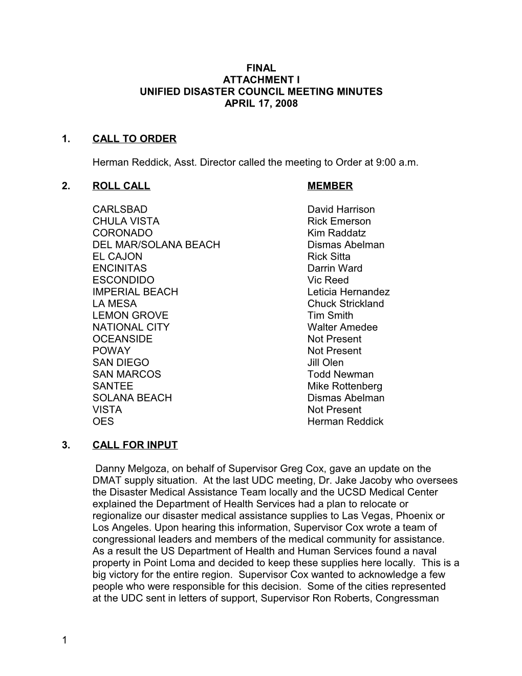 Unified Disaster Council Meeting Minutes