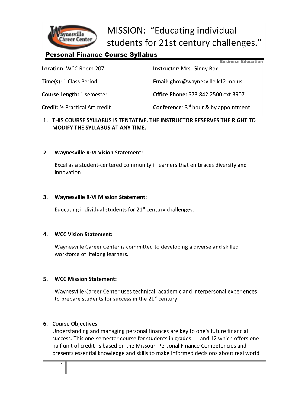 Personal Finance Course Syllabus