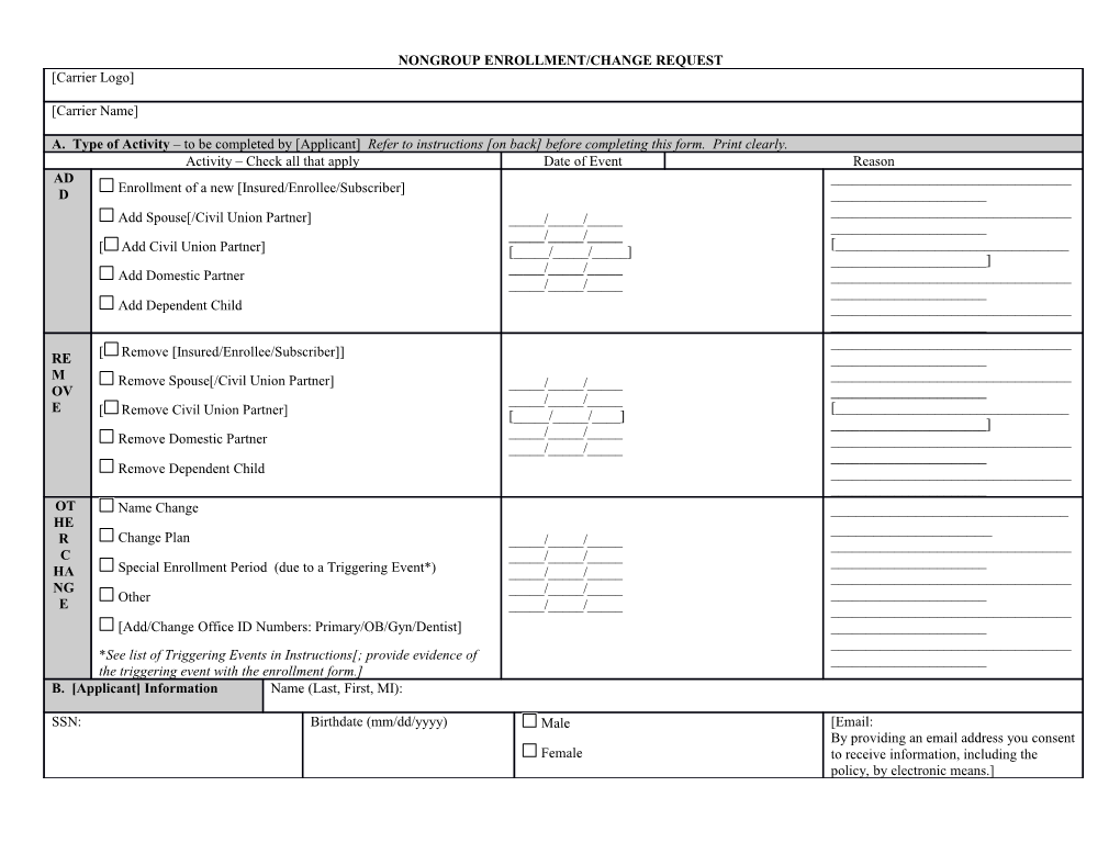 Nongroup Enrollment/Change Request