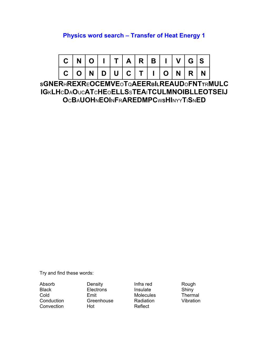 Transfer of Heat Energy 1 Word Search