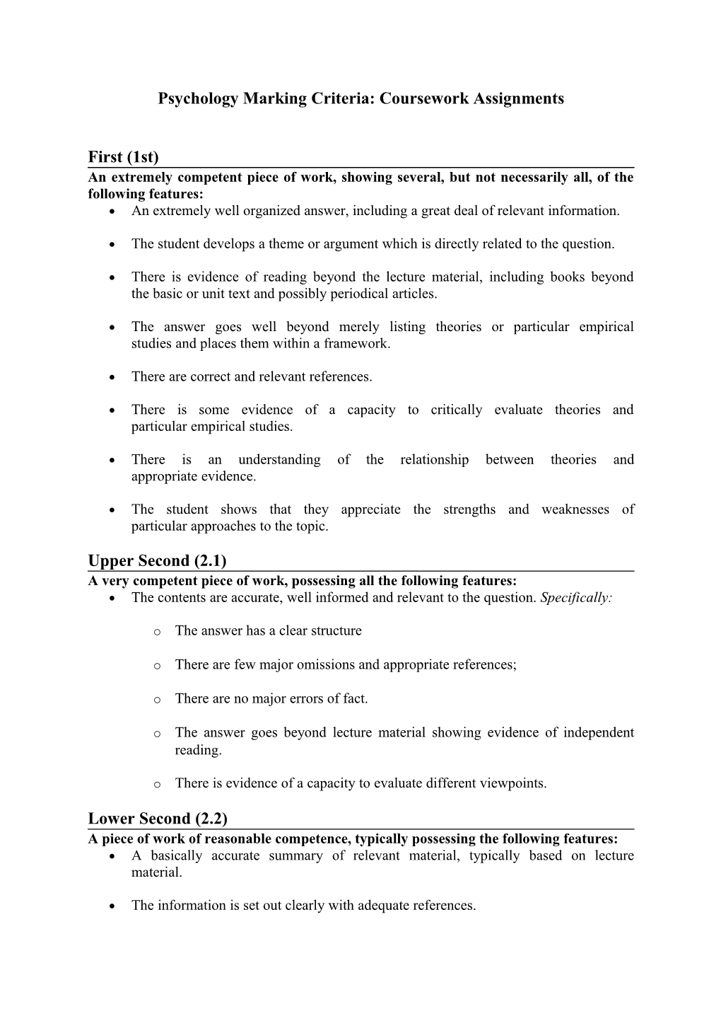 Psychology Marking Criteria: Coursework Assignments