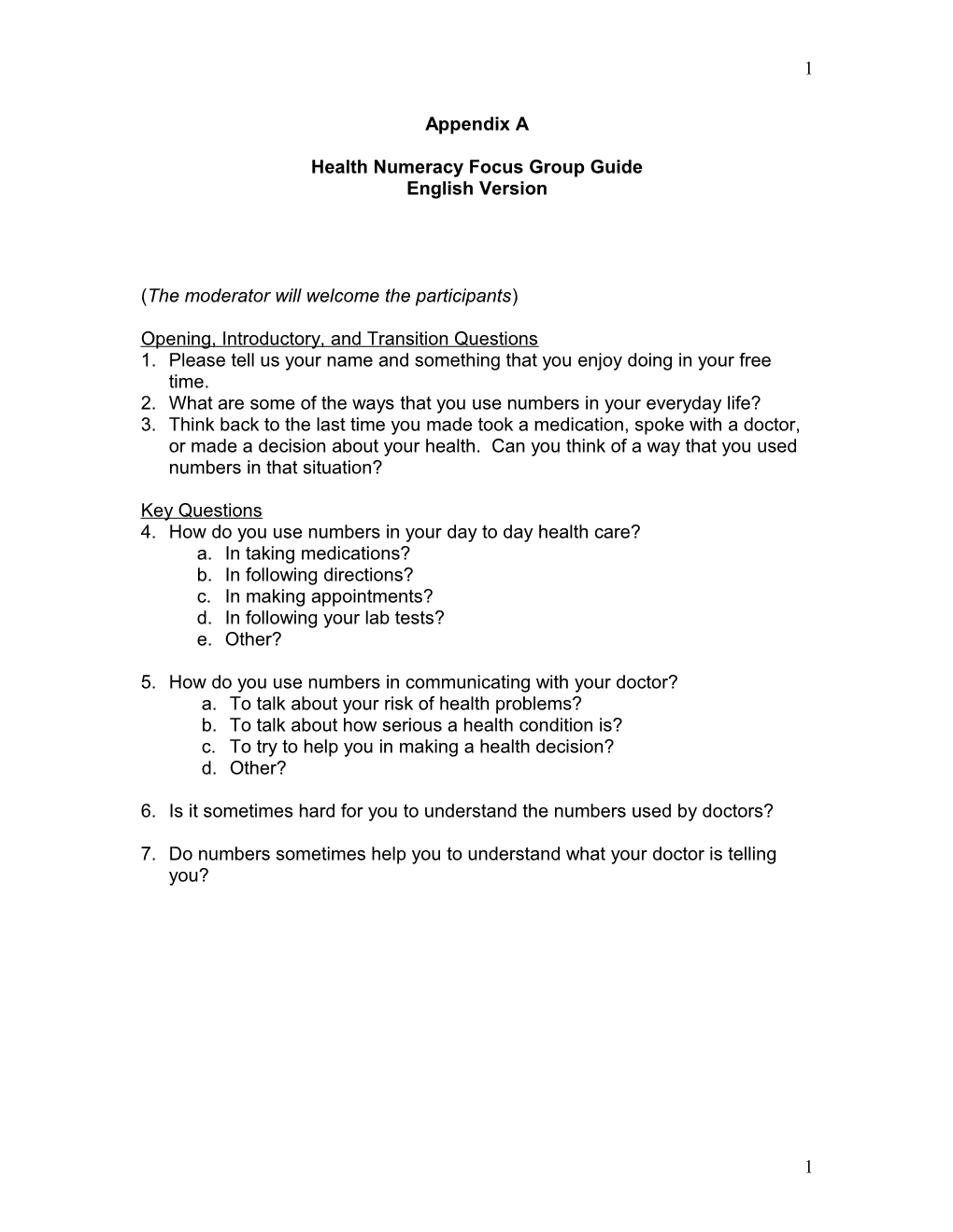 Health Numeracy Focus Group Guide