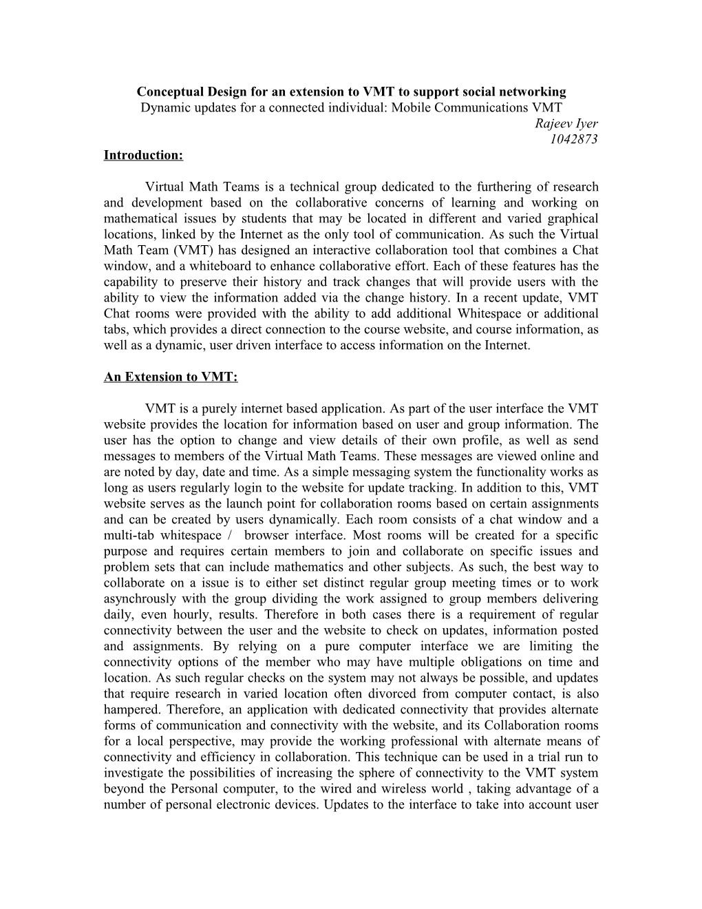 Conceptual Design for an Extension to VMT to Support Social Networking