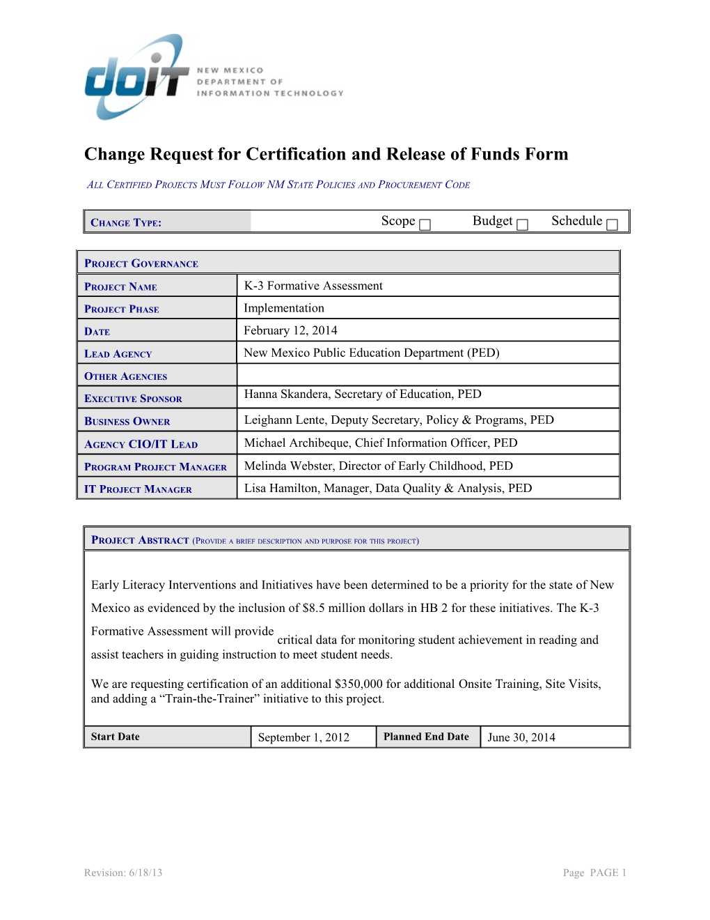 Change Request for Certification and Release of Funds Form