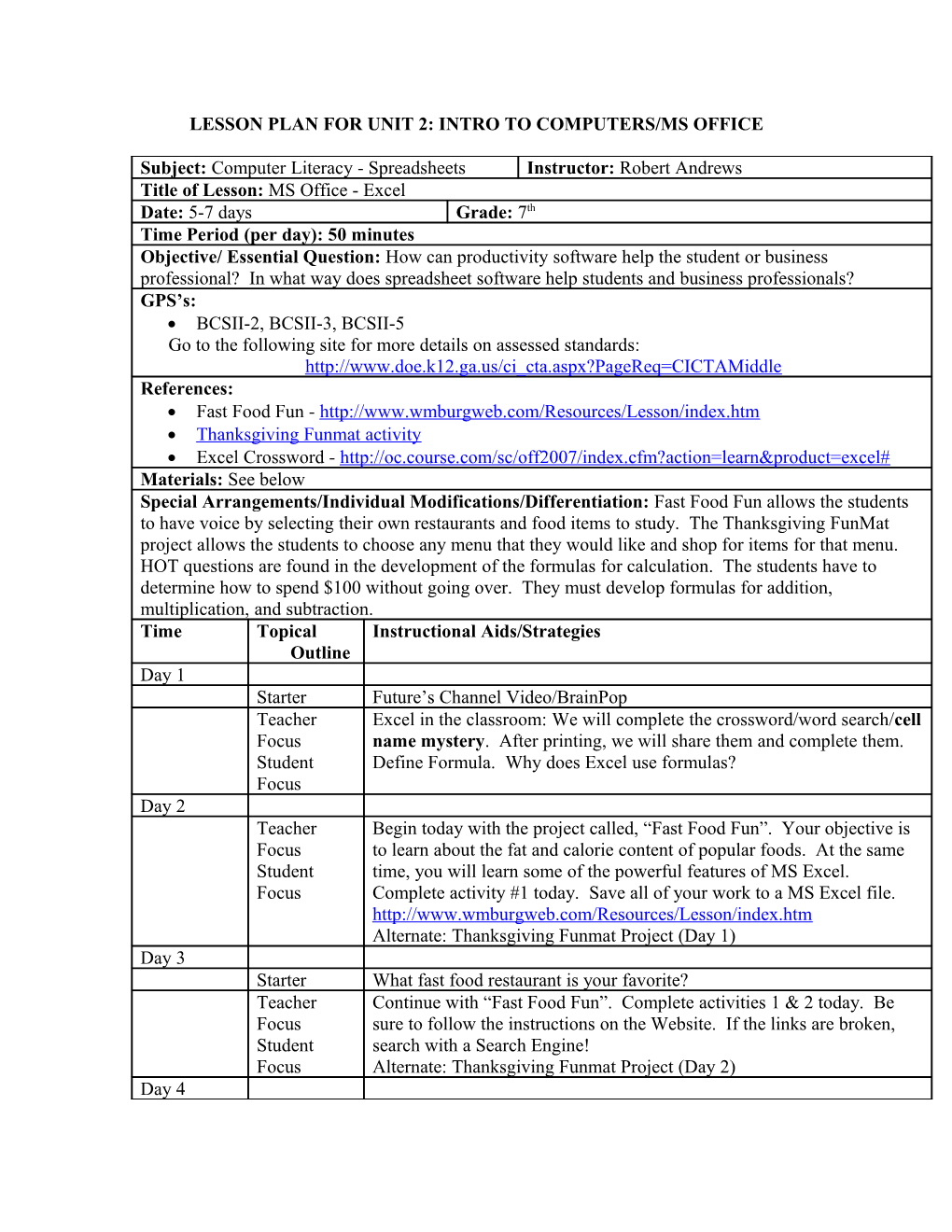 Lesson Plan for Unit 2: Intro to Computers/Ms Office