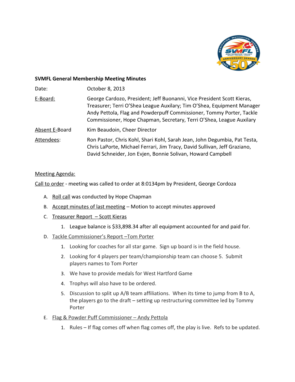 SVMFL General Membership Meeting Minutes
