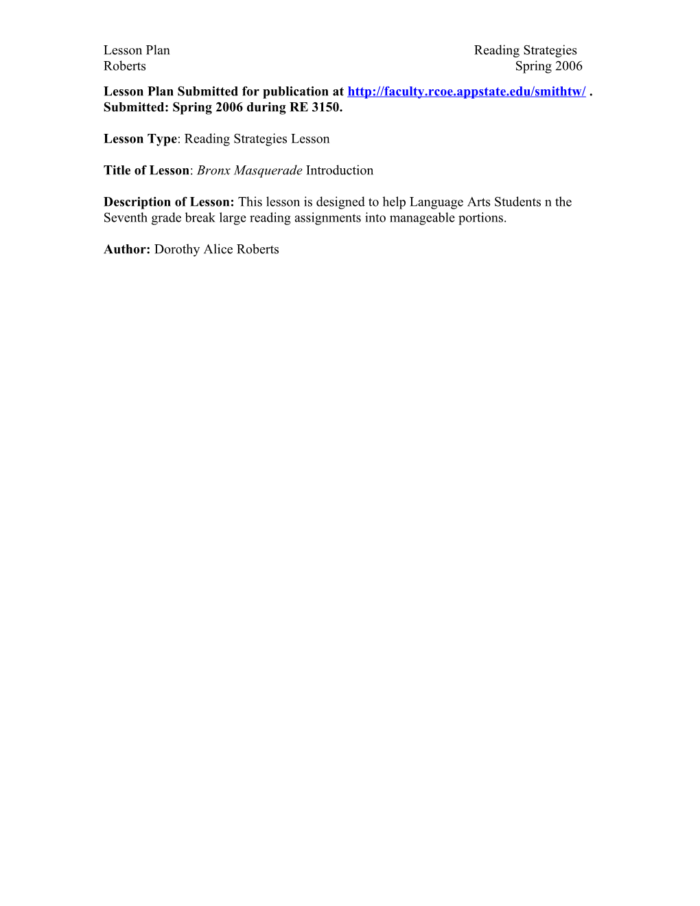 Lesson Plan Submitted for Publication at . Submitted: Spring 2006 During RE 3150