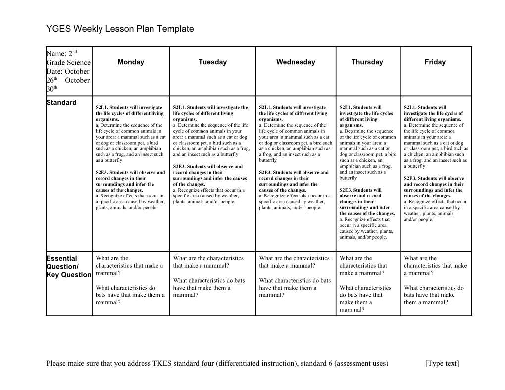 YGES Weekly Lesson Plan Template