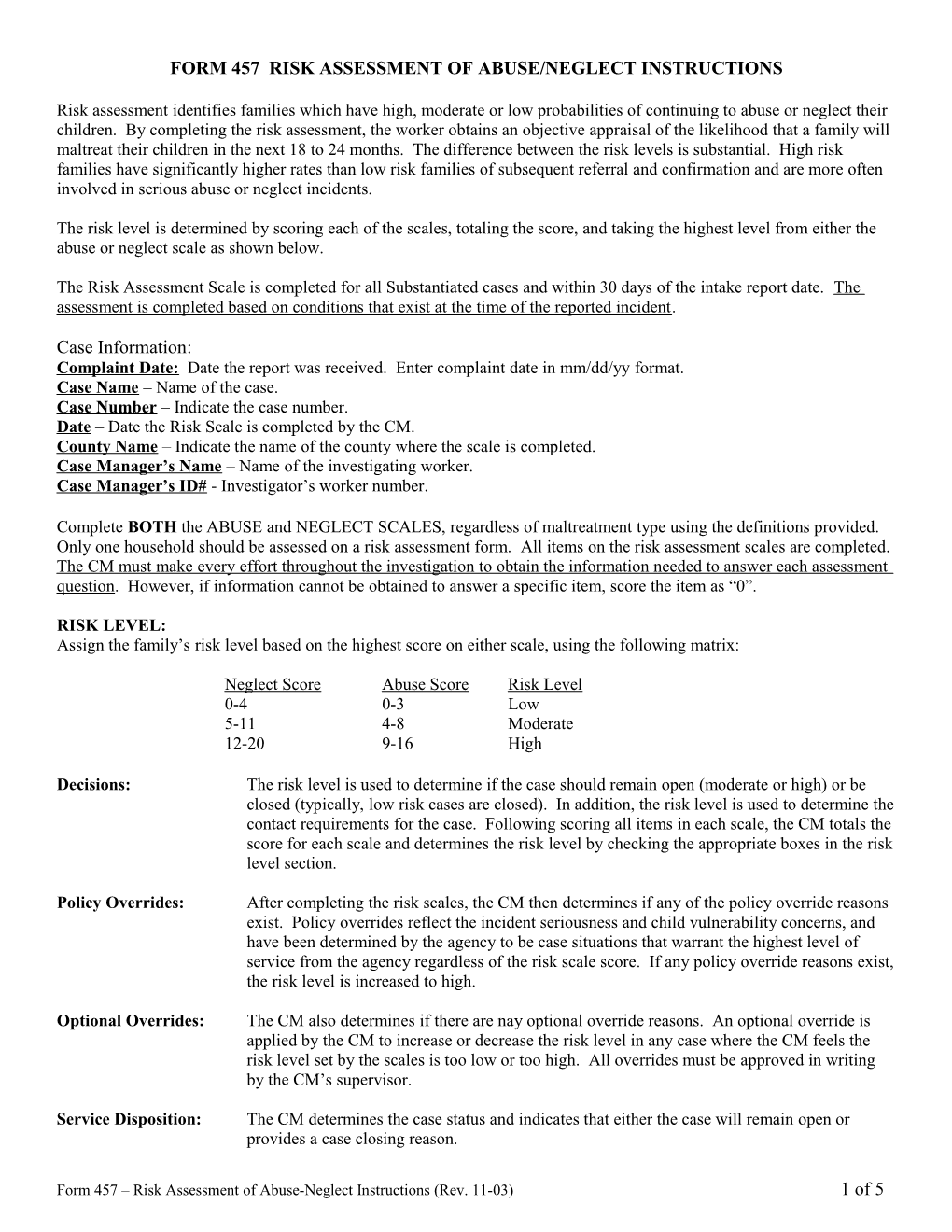 Form 457 Risk Assessment of Abuse/Neglect Instructions