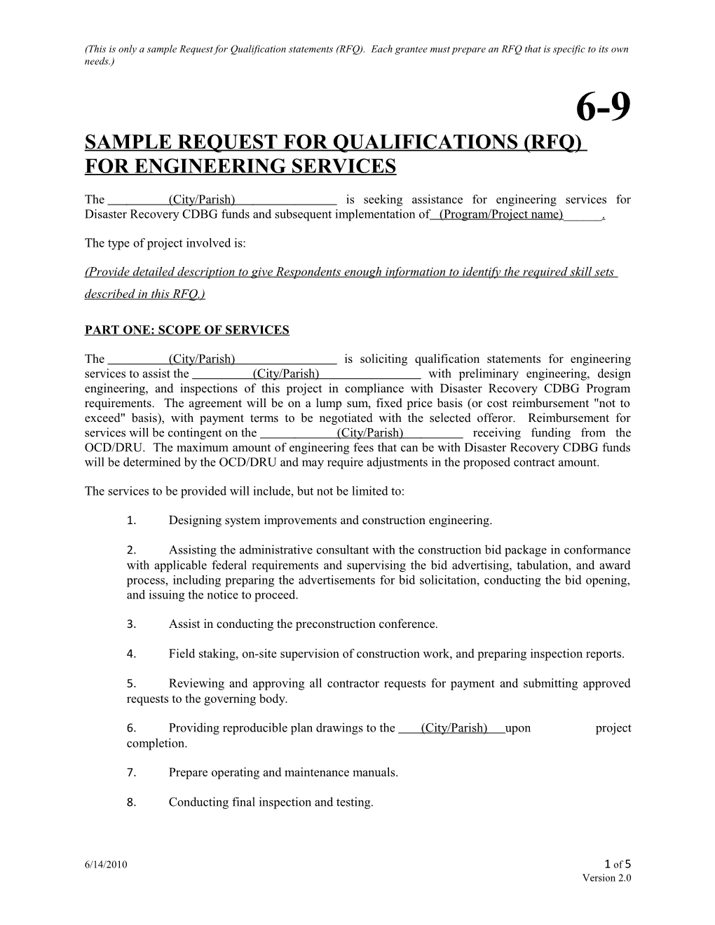 Sample Request for Qualifications (Rfq) for Engineering Services