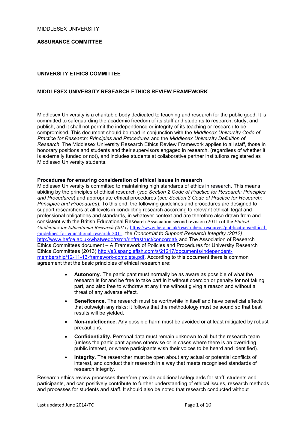 Middlesex University Research Ethics Review Framework