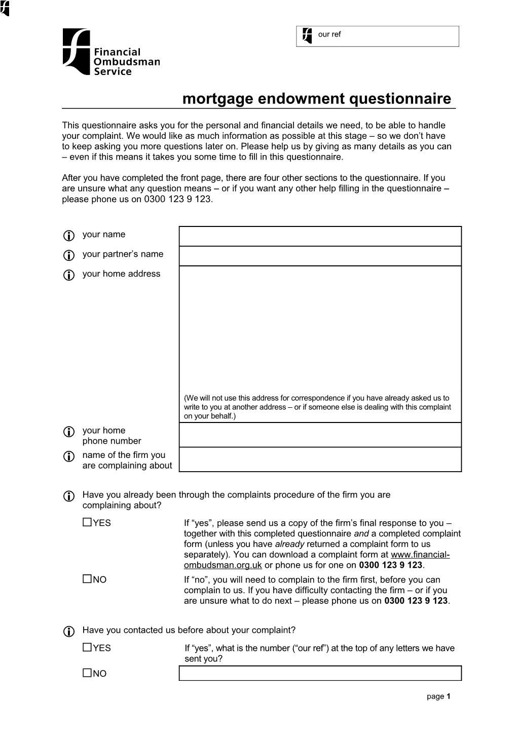 Mortgage Endowment Questionnaire