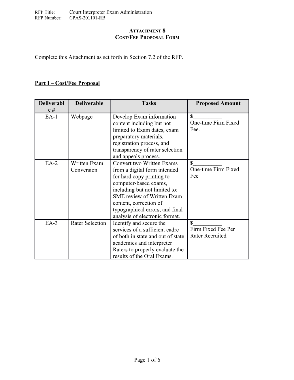 Cost Proposal Table Project A