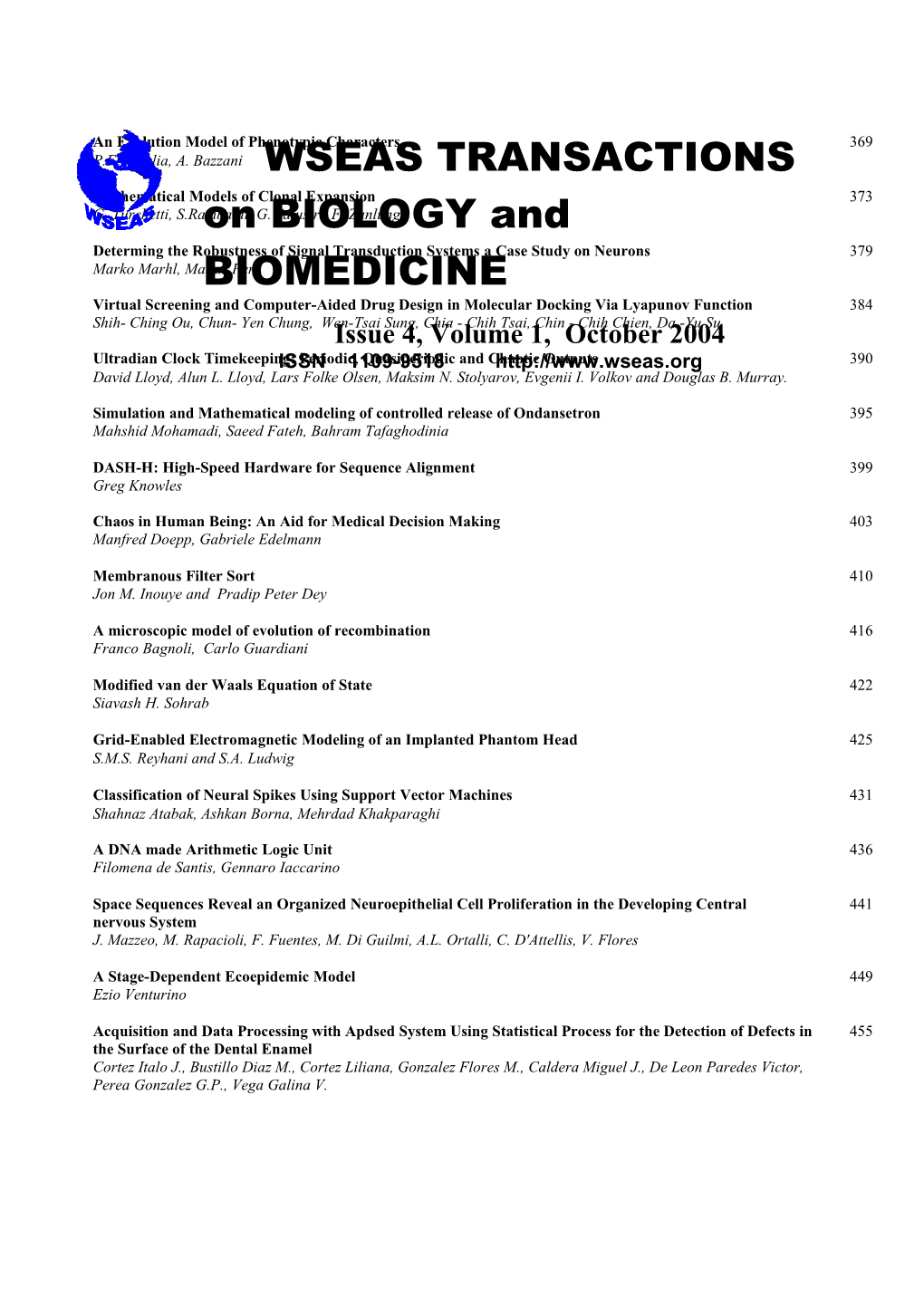 WSEAS Trans. on BIOLOGY and BIOMEDICINE, October 2004
