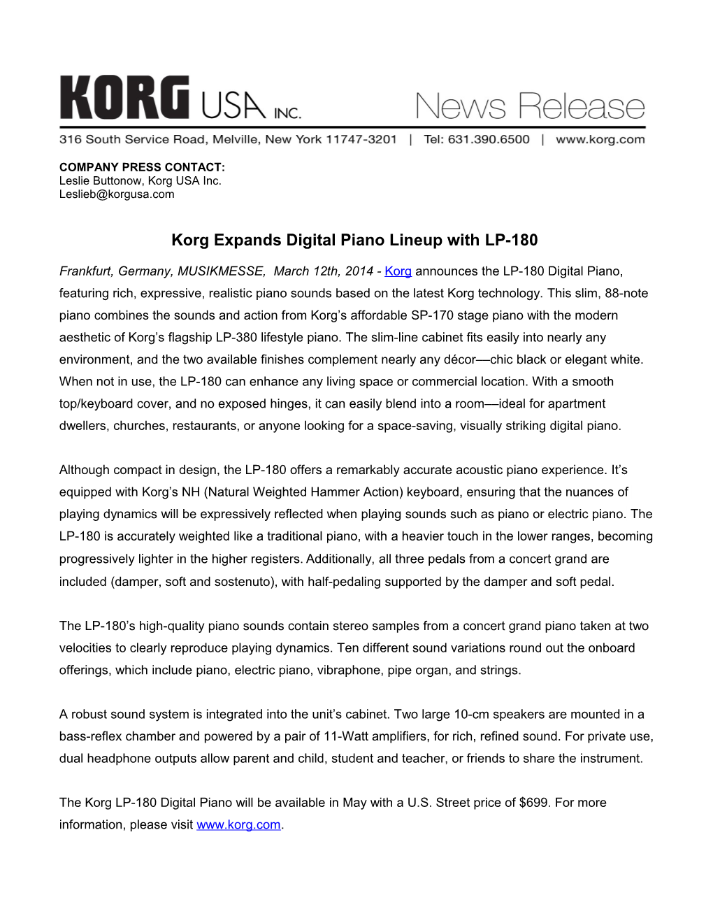 Korg Expands Digital Piano Lineup Withlp-180