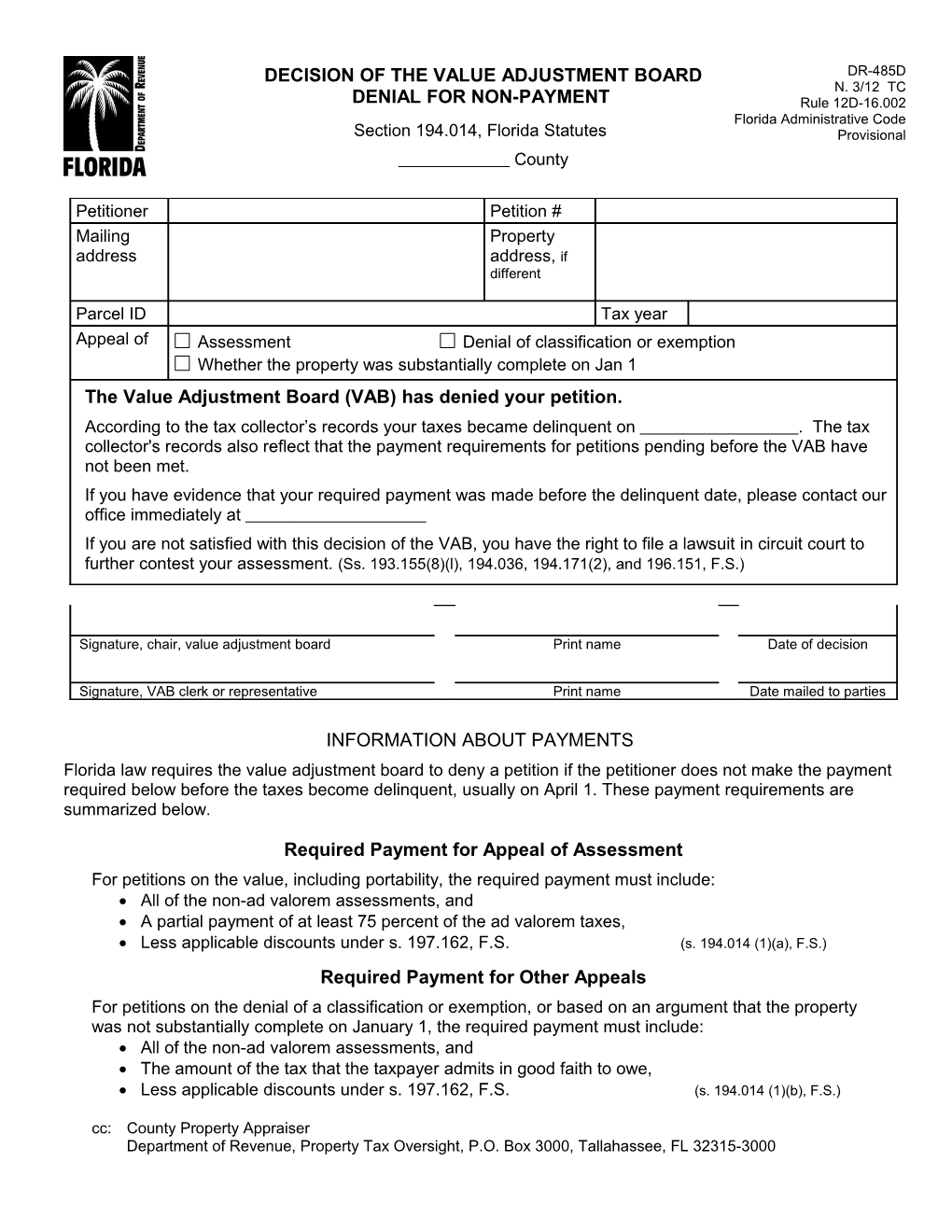 Decision of the Value Adjustment Board, Denial for Non-Payment