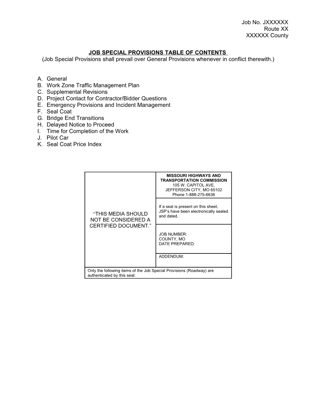 Job Special Provisions Table of Contents (Roadway) s1