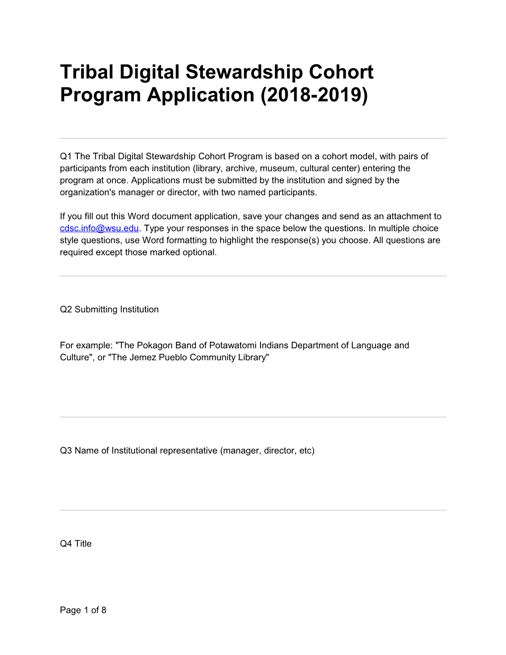 Tribal Digital Stewardship Cohort Program Application (2018-2019)