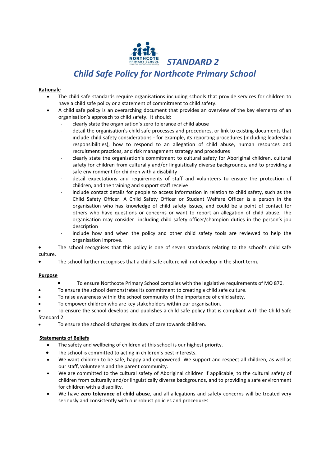 Child Safe Policy for Northcote Primary School