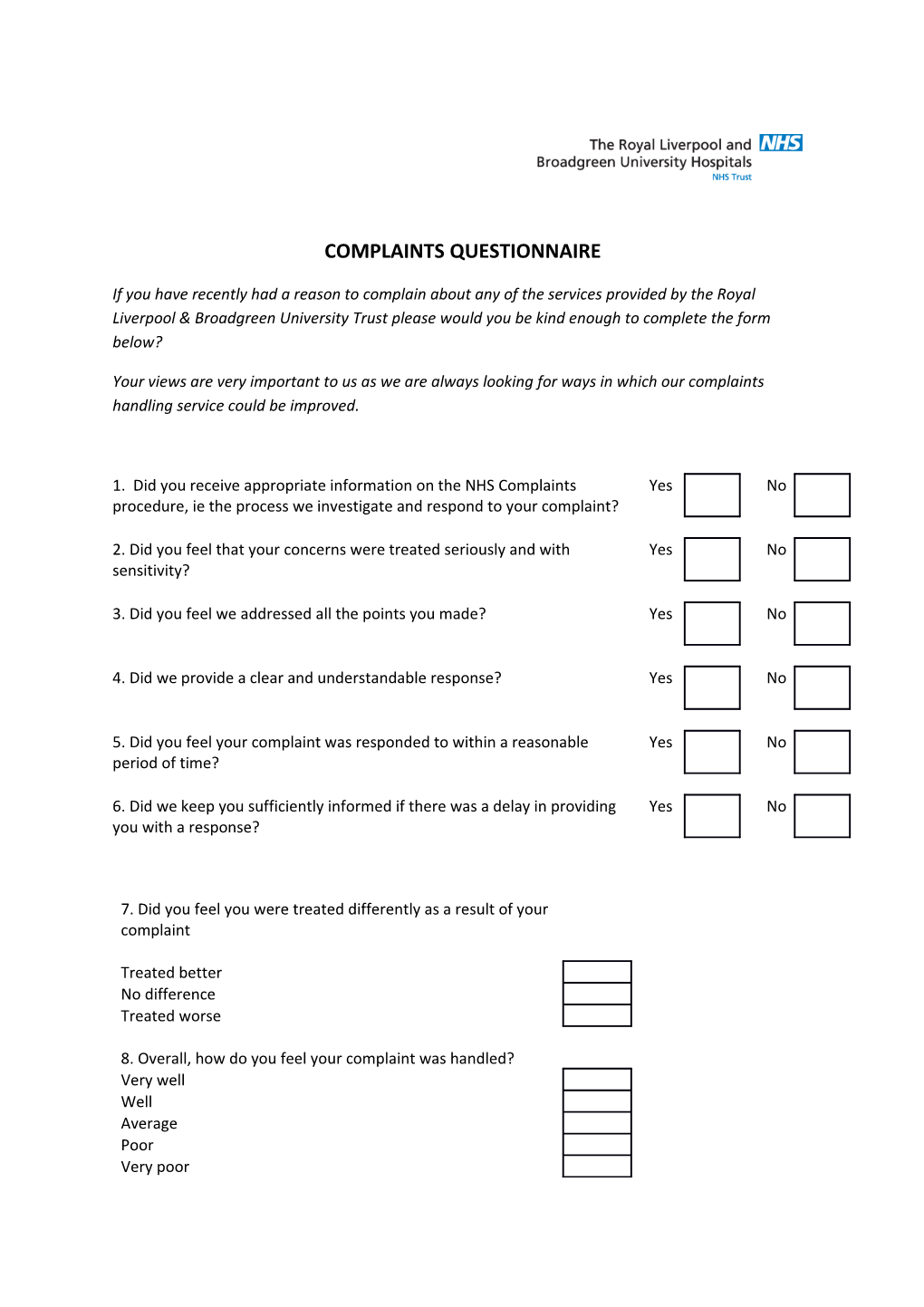 Complaints Questionnaire