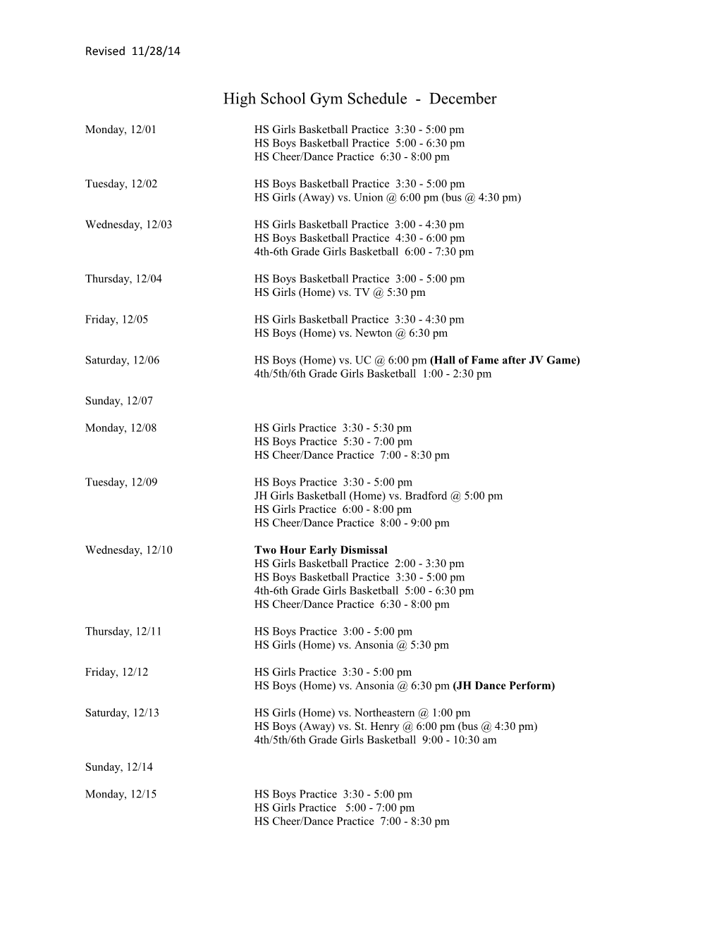 High School Gym Schedule - December