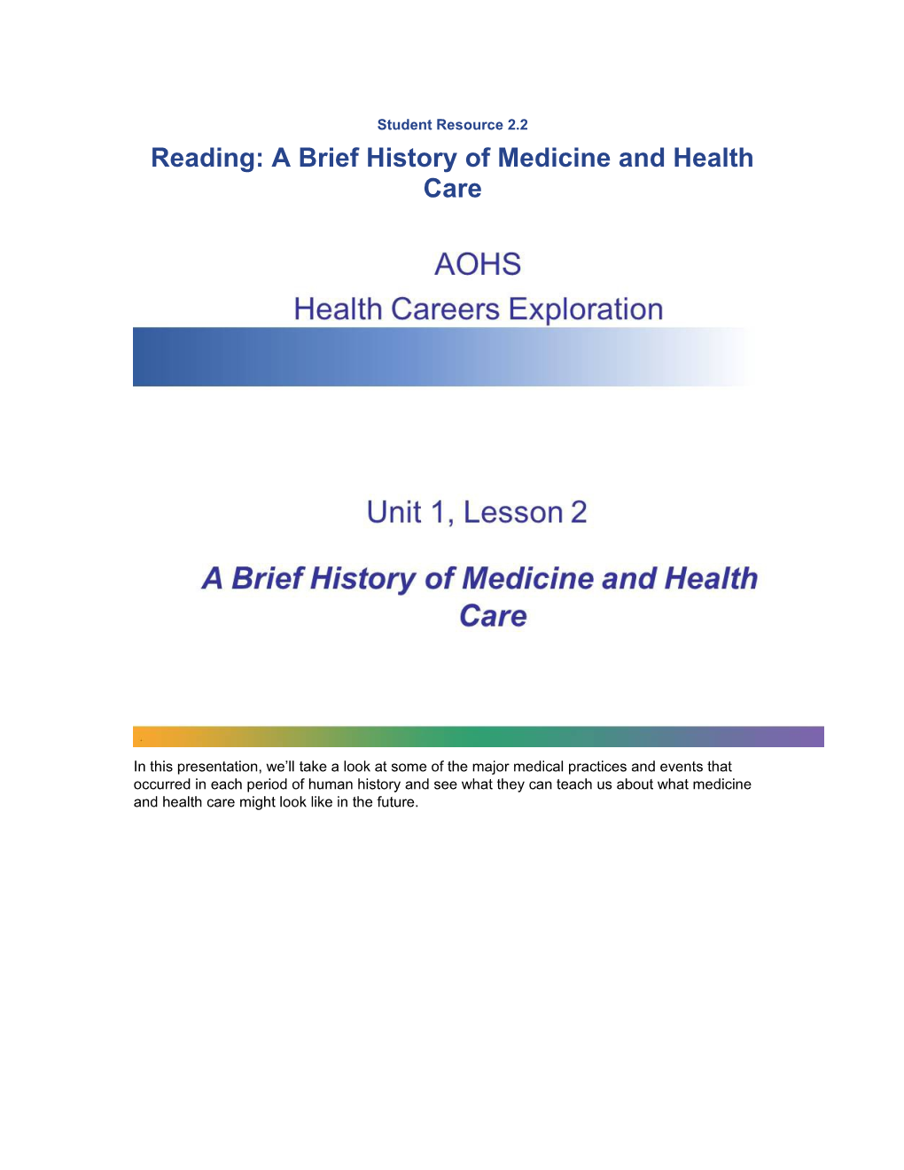 Reading: a Brief History of Medicine and Health Care
