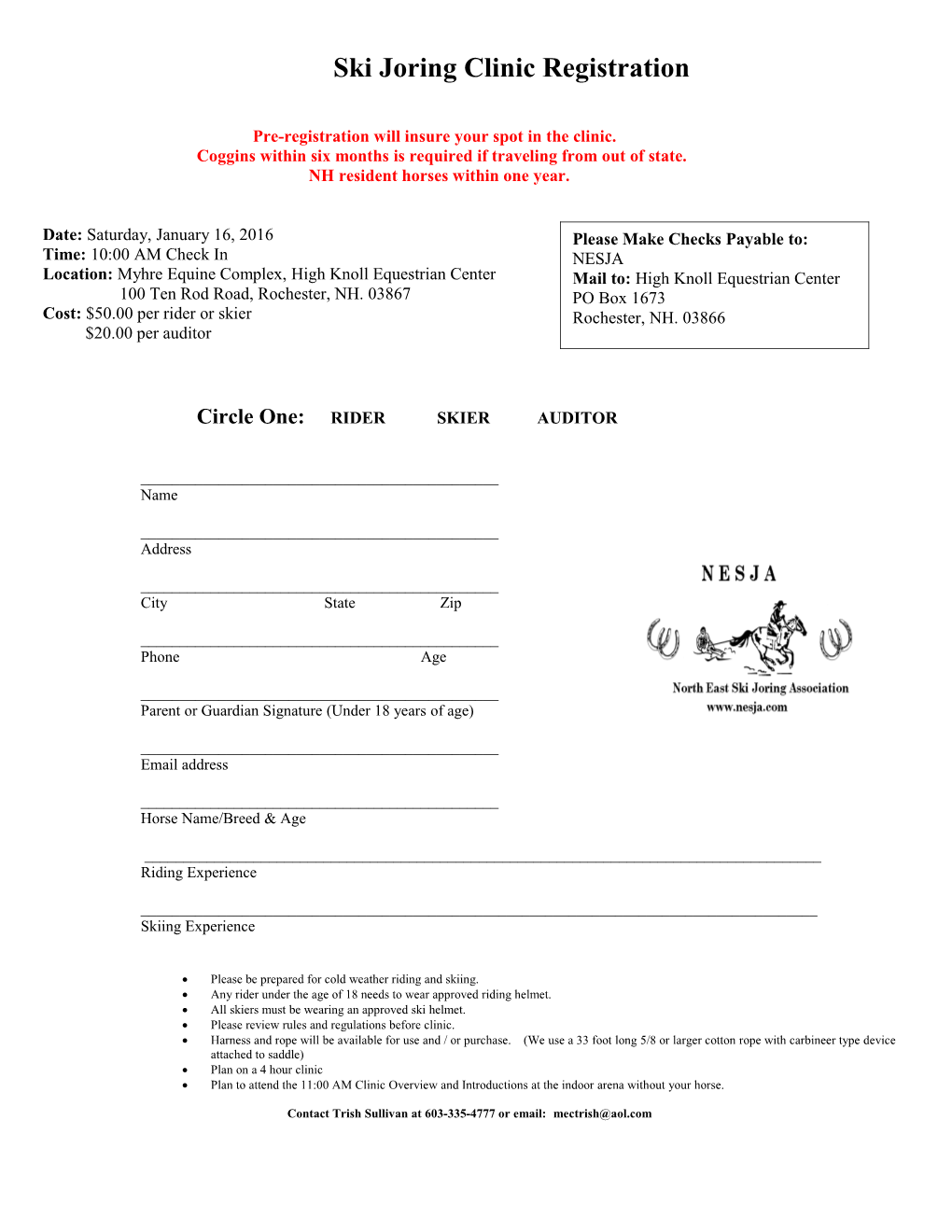 2006 North East Finals Ski Joring Registration Form