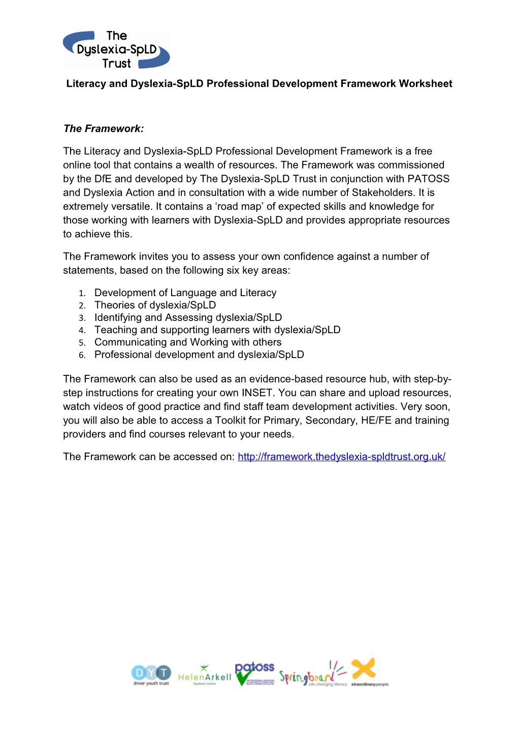 Literacy and Dyslexia-Spld Professional Development Framework Worksheet