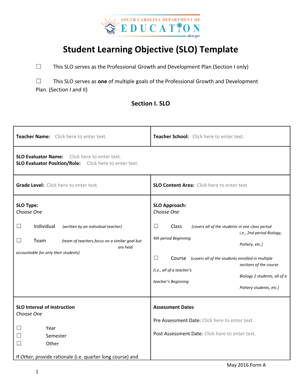 Student Learning Objective (SLO) Template