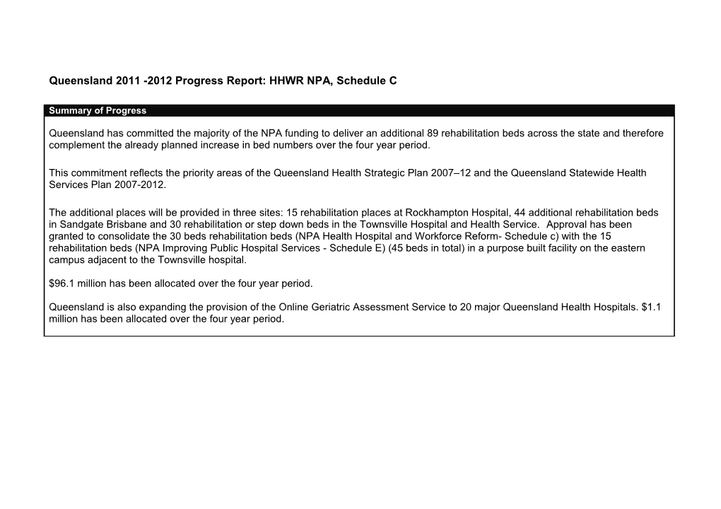 Queensland 2011 -2012 Progress Report: HHWR NPA, Schedule C