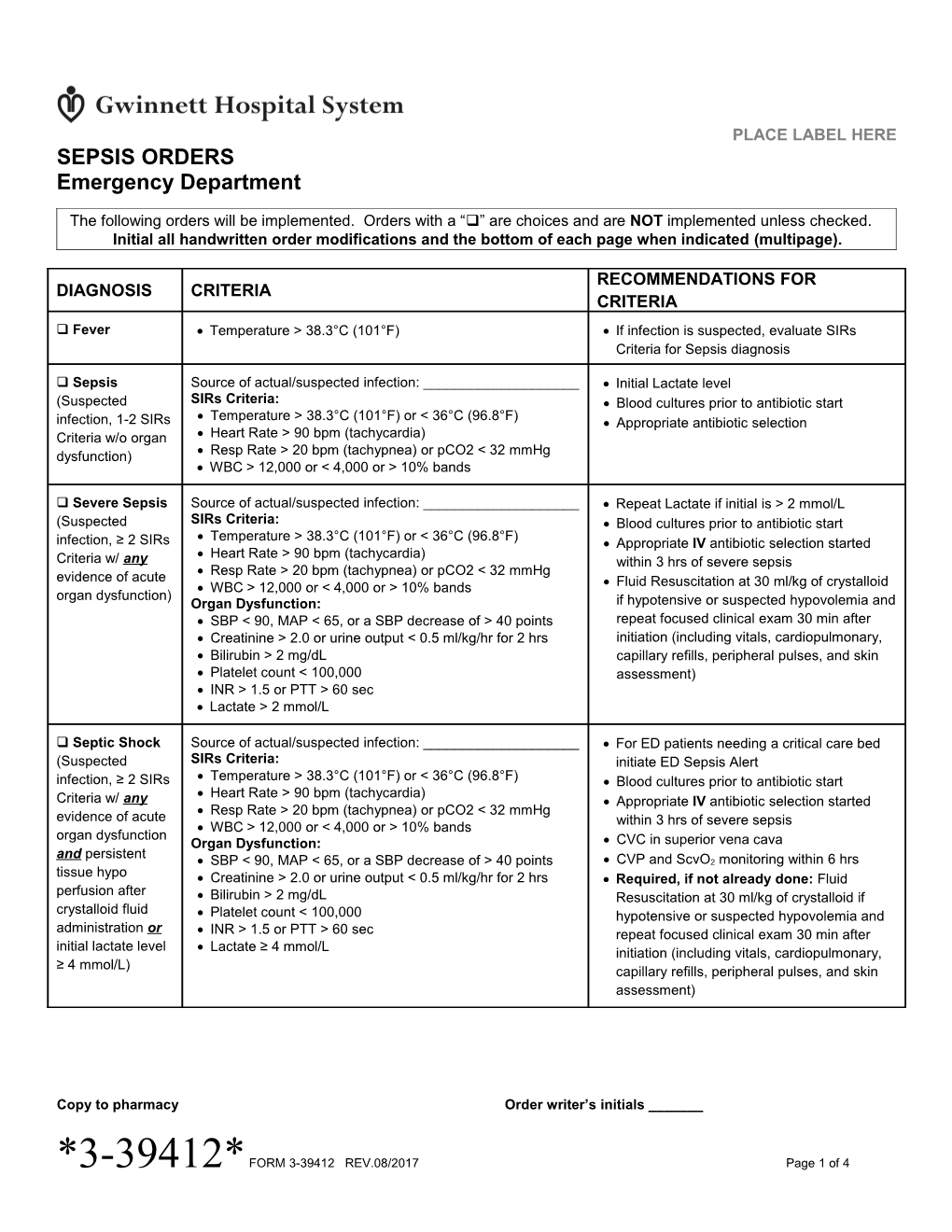 Sepsis Orders Emergency Department