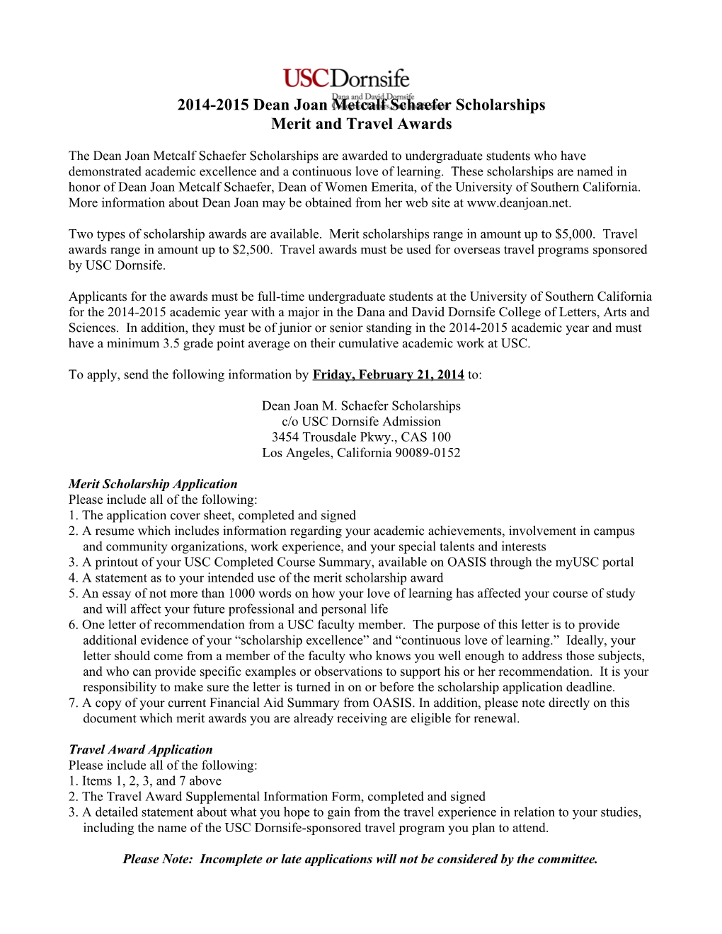 2014-2015 Dean Joan Metcalf Schaefer Scholarships Merit and Travel Awards