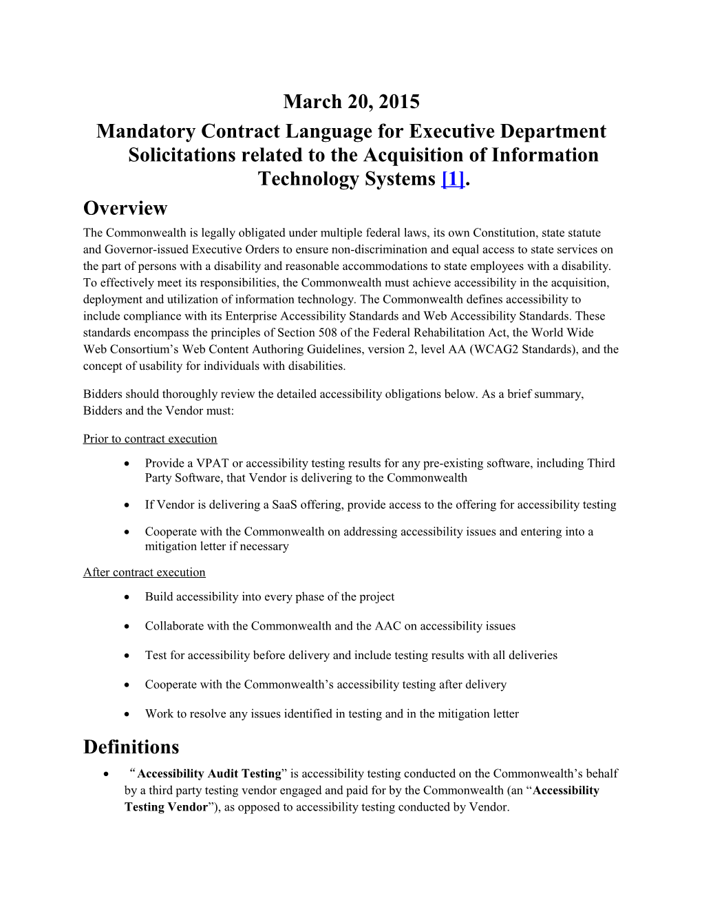 Mandatory Contract Language for Executive Department Solicitations Related to the Acquisition