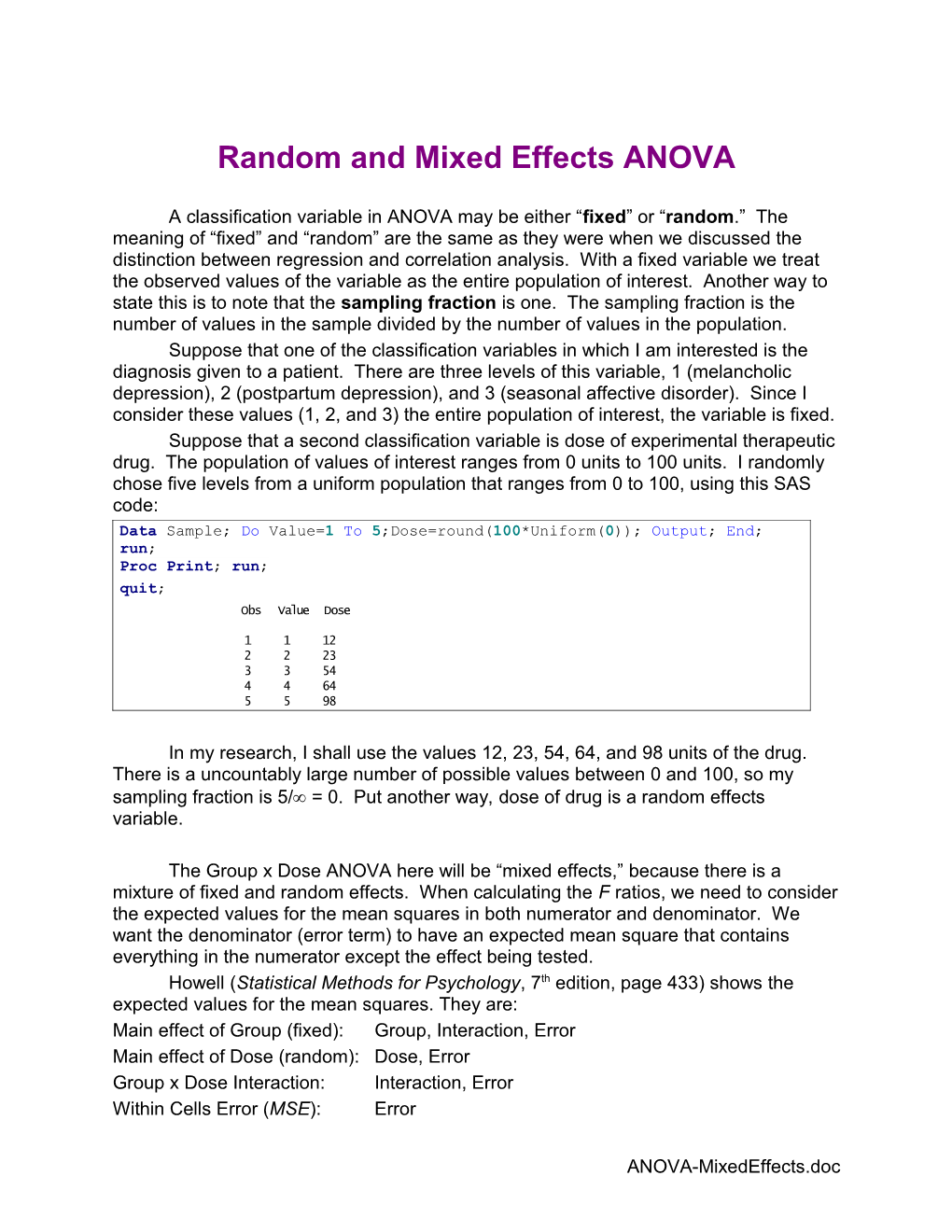 Mixed Effects ANOVA