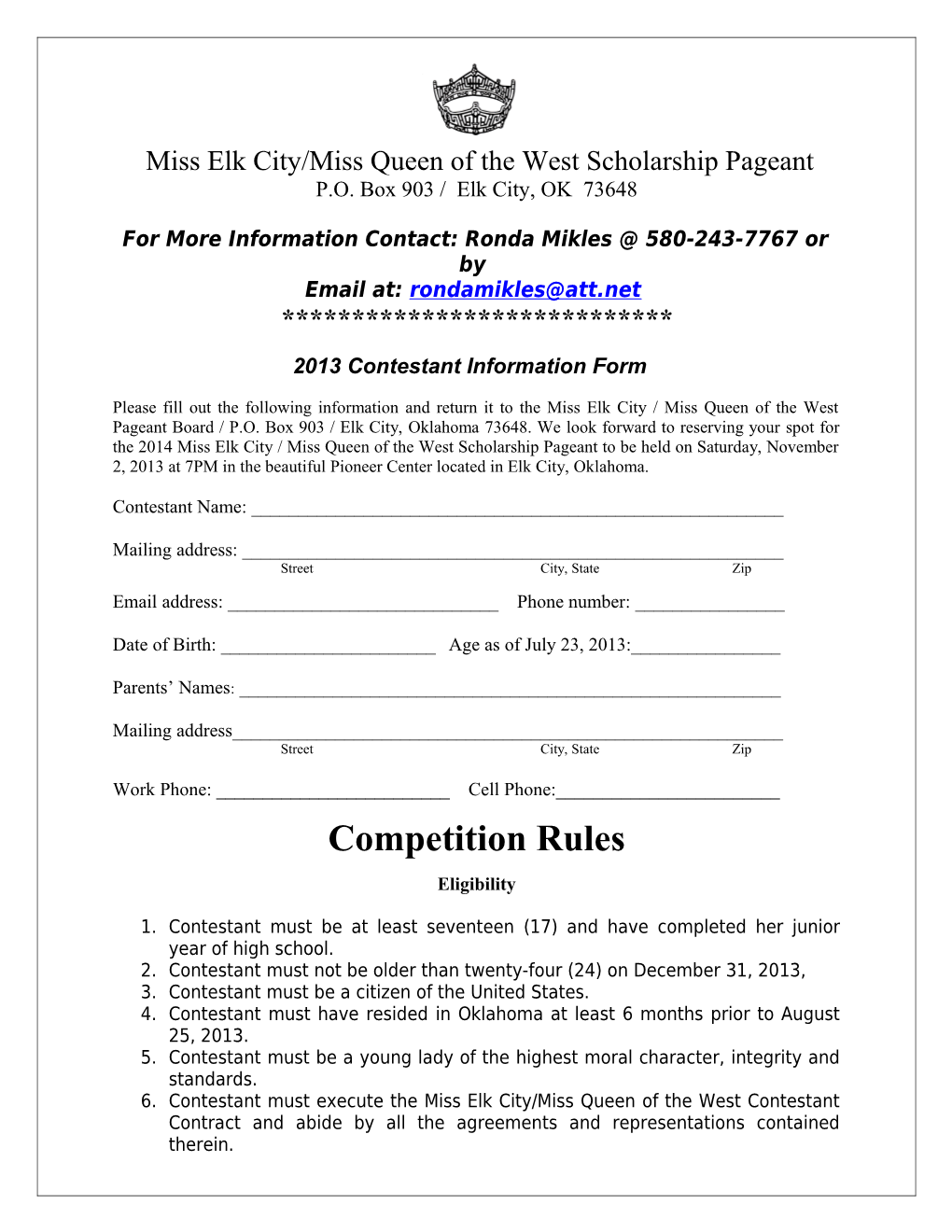 Miss Elk City/Miss Queen of the West Scholarship Pageant
